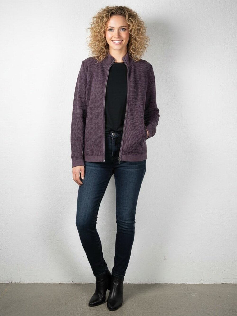 Theory Waffle Knit Full Zip Sweater Jacket Plum Purple 100% Cotton Size M
